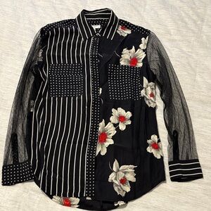 Equipment Black and White Striped Floral Shirt